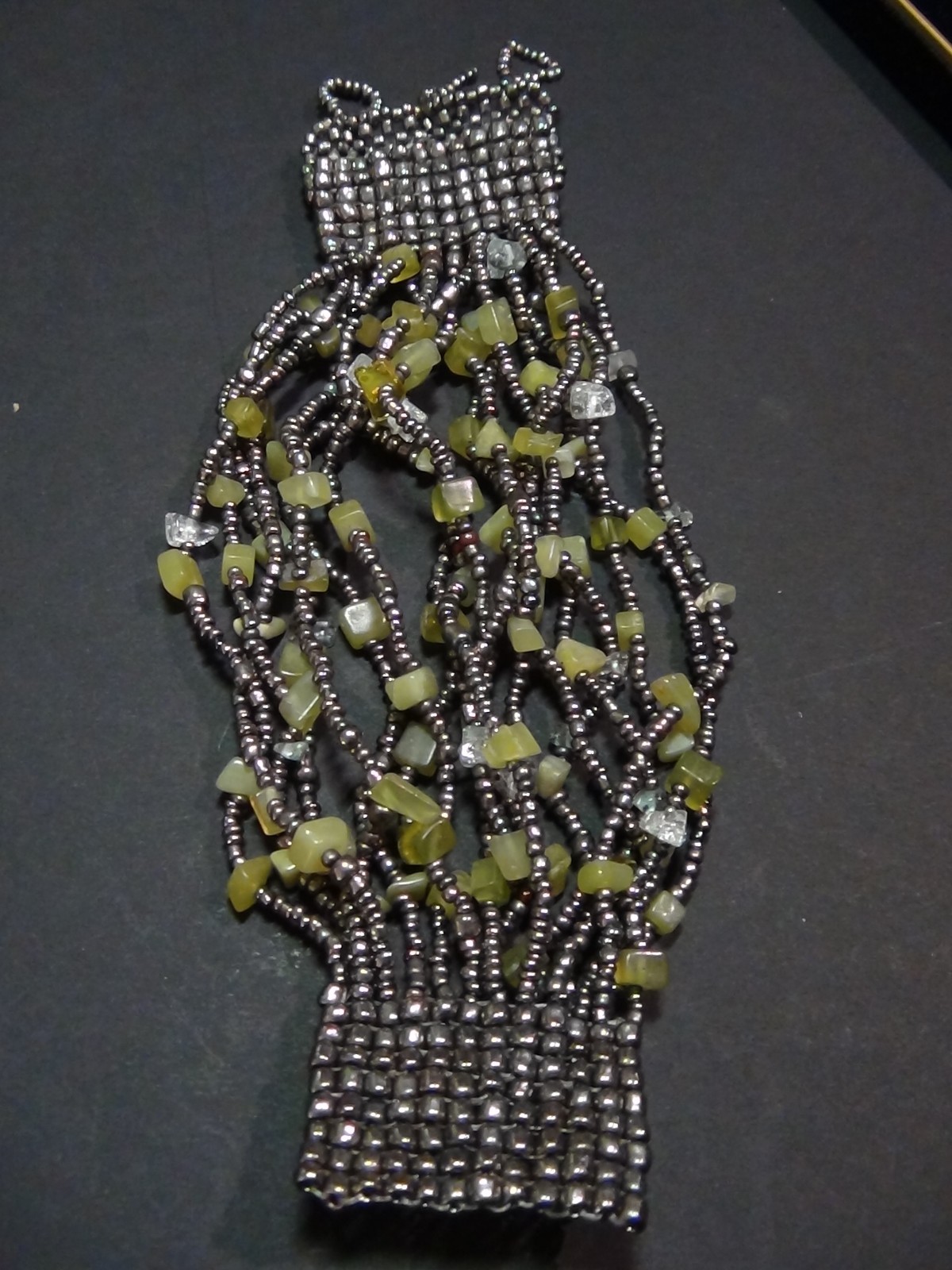 Multi-wrap Bracelet Cuff Beaded Glass Grey Lime Green Bracelet Button Closure