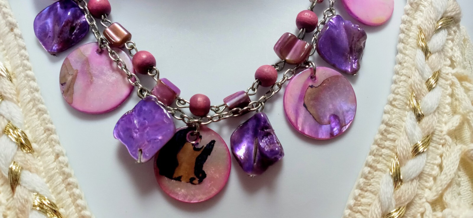 NOS Assorted 2 Strands Purple/Pink Mixed Shell Wood Beads Leather Boho Necklace