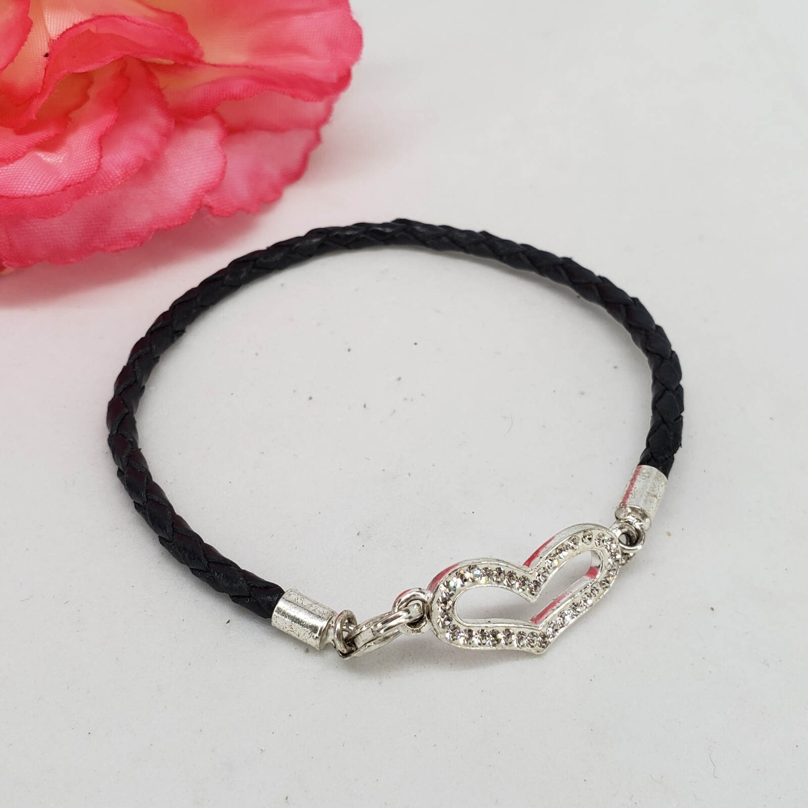 Marked 925 STERLING SILVER Crystal Heart Black Cord Bracelet