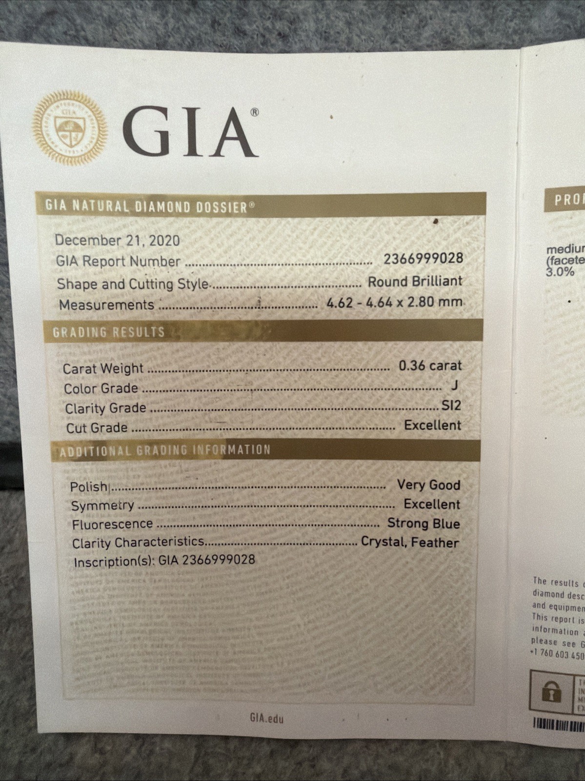 GIA-Graded Diamond 0.36 ct J Color SI2 Clarity, Round Loose Stone