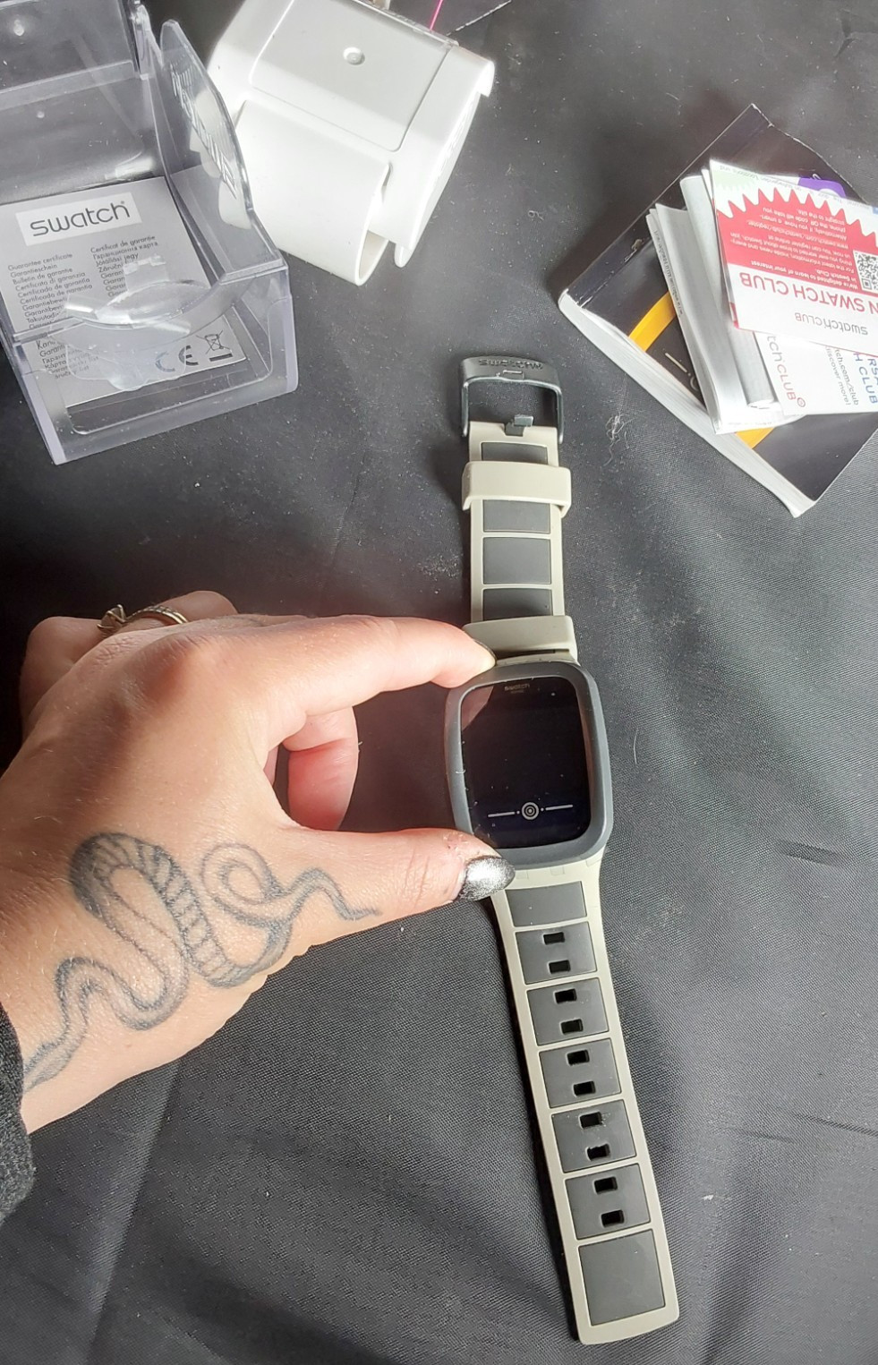 Swatch Touch Digital Watch w/Original & Papers Box-Tan/Grey Strap-UNTESTED!!!!