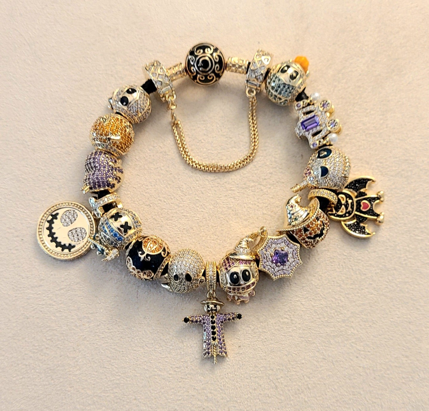 Gona Gold Silver Black Beaded Charm Bracelet with Halloween Charms 7.7 inches
