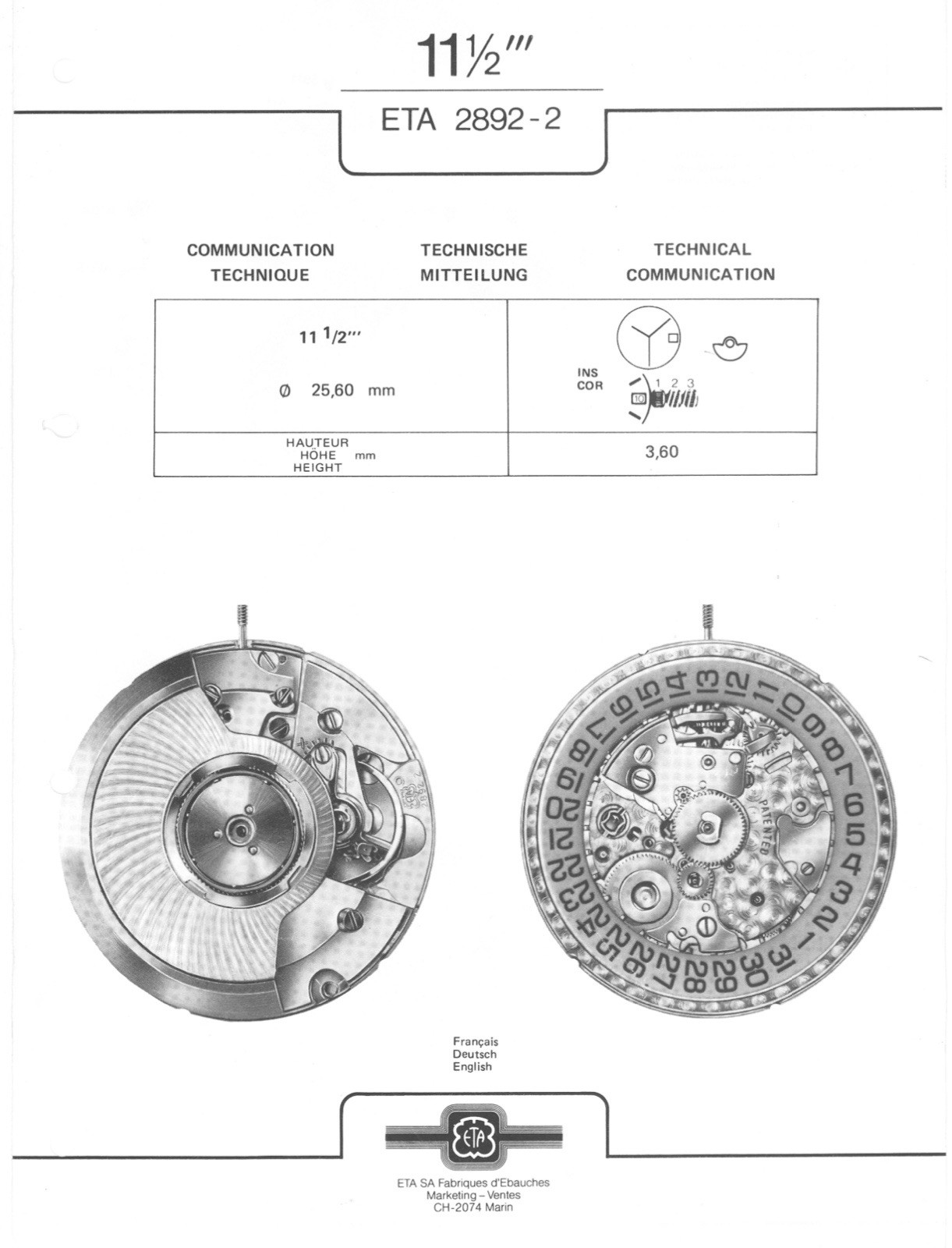 Genuine ETA 2892-2 Movement Parts Swiss Made, all parts available