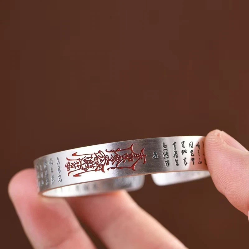 Pure S999 Fine Silver Bracelet Solid Amulet Heart Sutra Open Bangle 34-35g