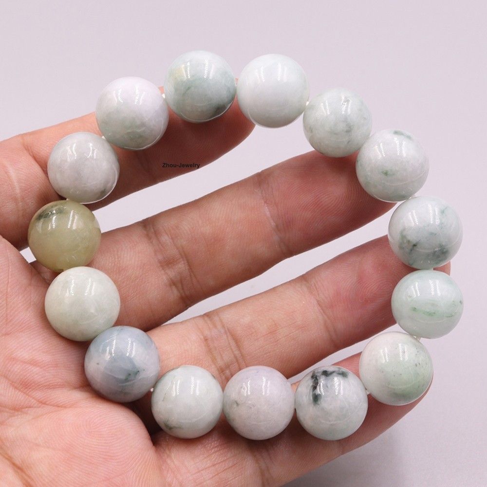NEW 13mm Natural Grade A Jade Spotted Bead Elastic Bracelet Fit 6.7inch Wrist