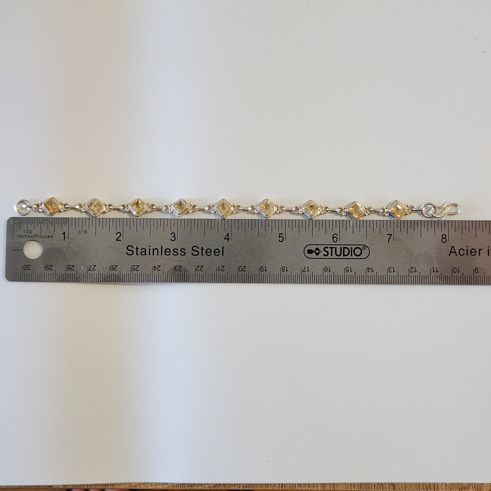 925 Sterling Silver Citrine Link Bracelet Geometric Square Princess Cut 8.25in
