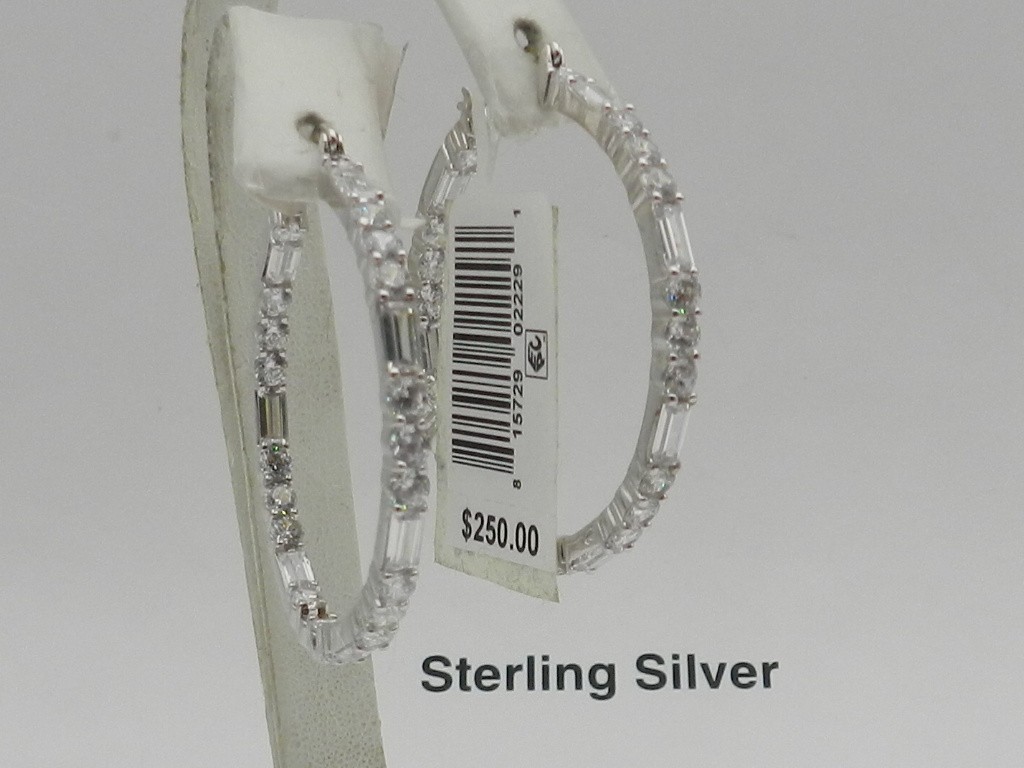 Macy’s Tiara Cubic Zirconia Baguette Large Medium Hoop Earrings Sterling Silver