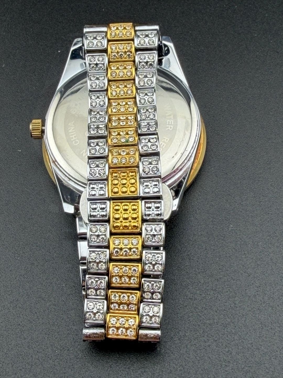 Gemstone Gods Iced-Out Two-Tone Roman Num. Crystal Bling Watch NEW BATTERY 42mm
