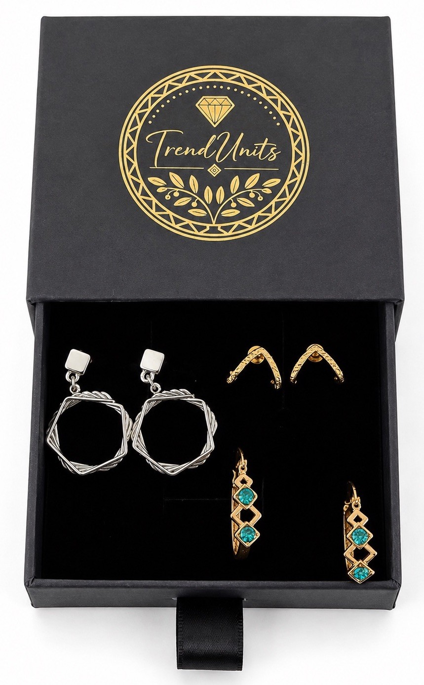 3 Pair Gold Tone Earrings Set Geometric Butterfly CZ Studs Gift Box Included
