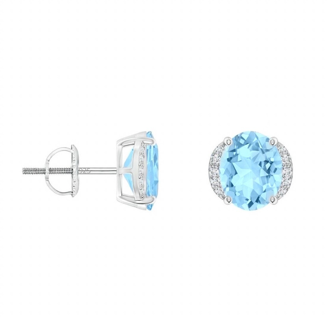 Solid 925 Sterling Silver Oval Cut CZ Light Blue Halo Screwback Stud Earrings
