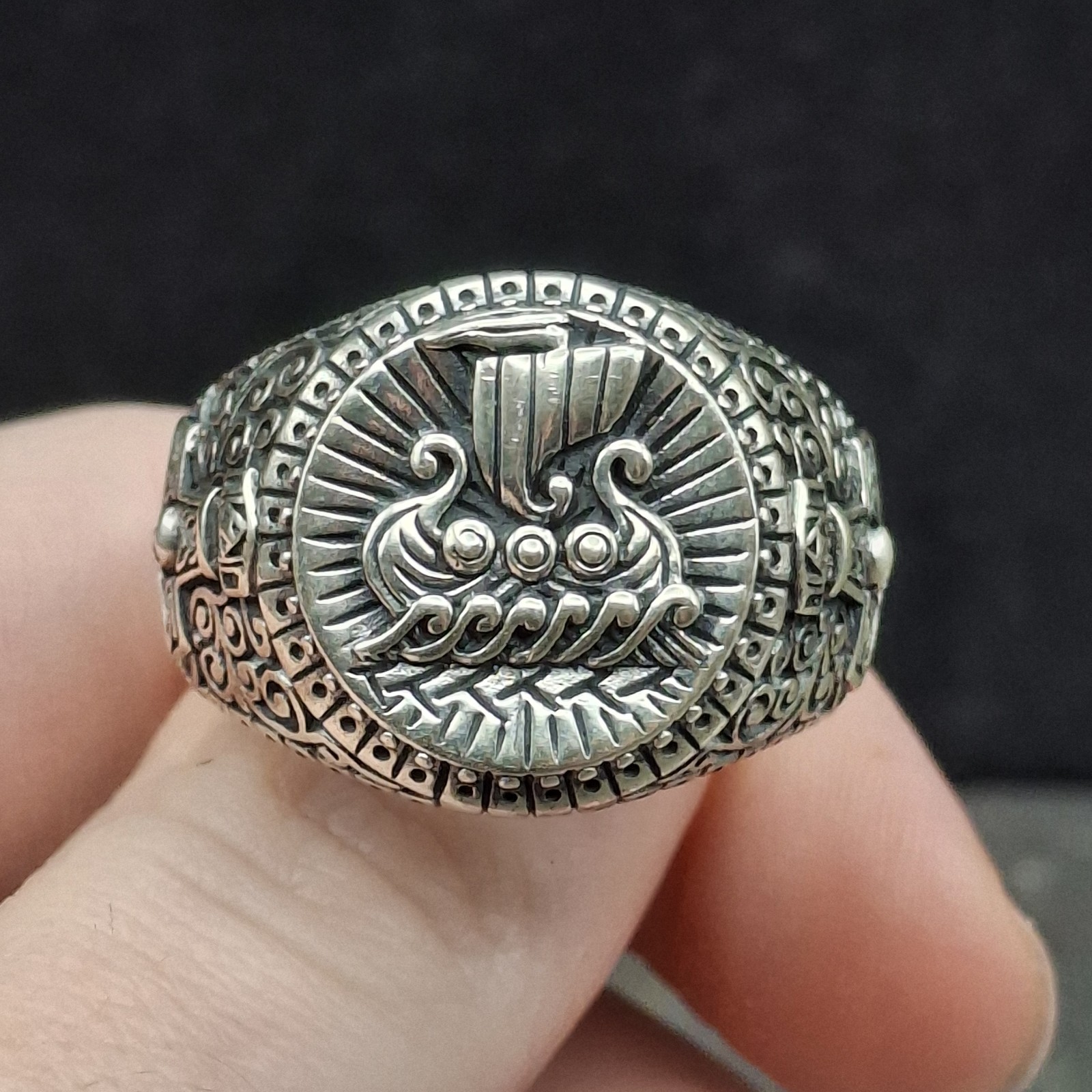 Men’s 925 Sterling Silver Viking Ship Ring Norse Longship Oxidized Sz 12.5