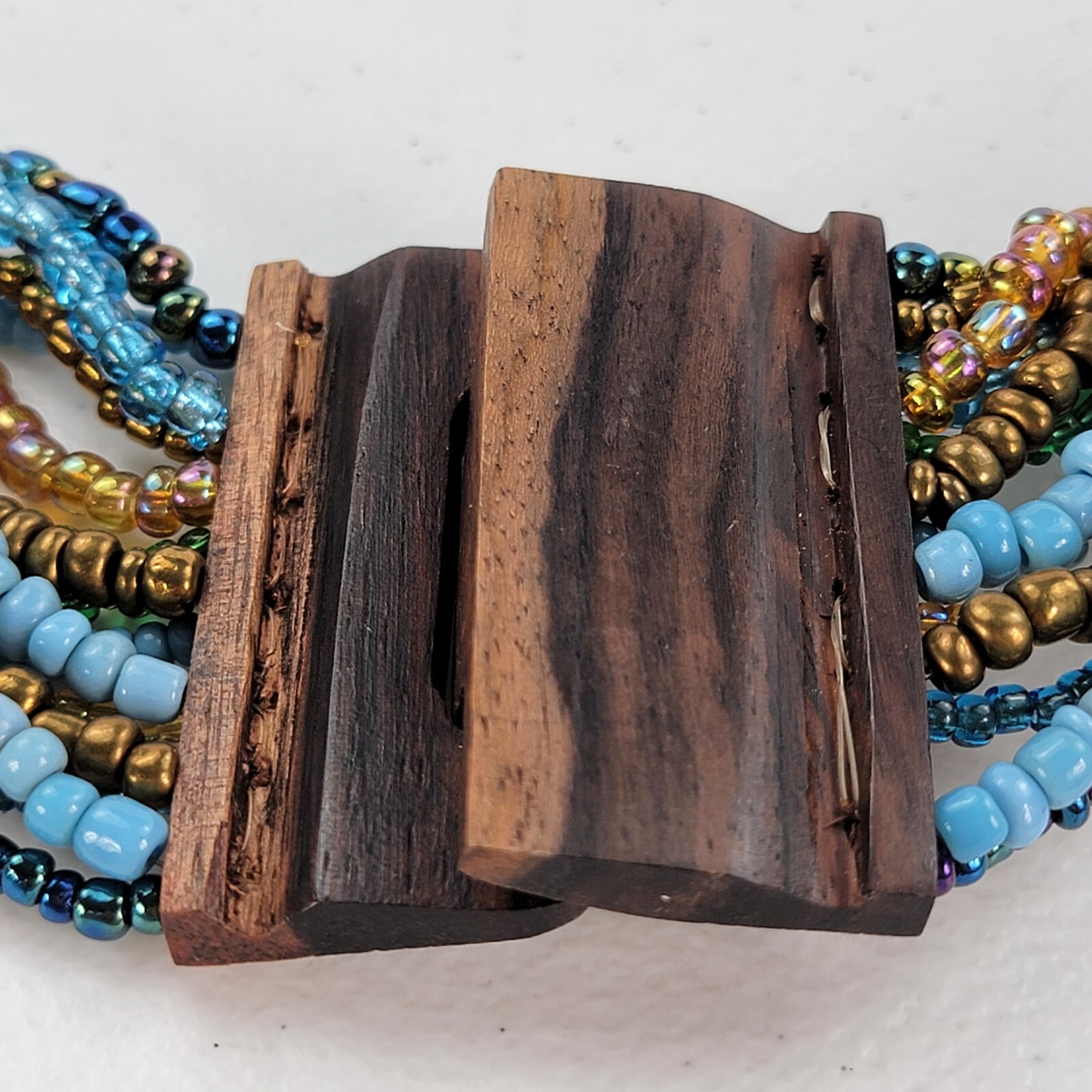 Vintage 14-Strand Multicolor Seed Bead Statement Necklace 20.5 in Wooden Clasp