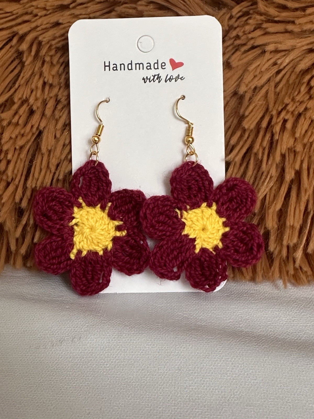 Handmade Crochet Flower Earrings – Maroon& Yellow Bloom