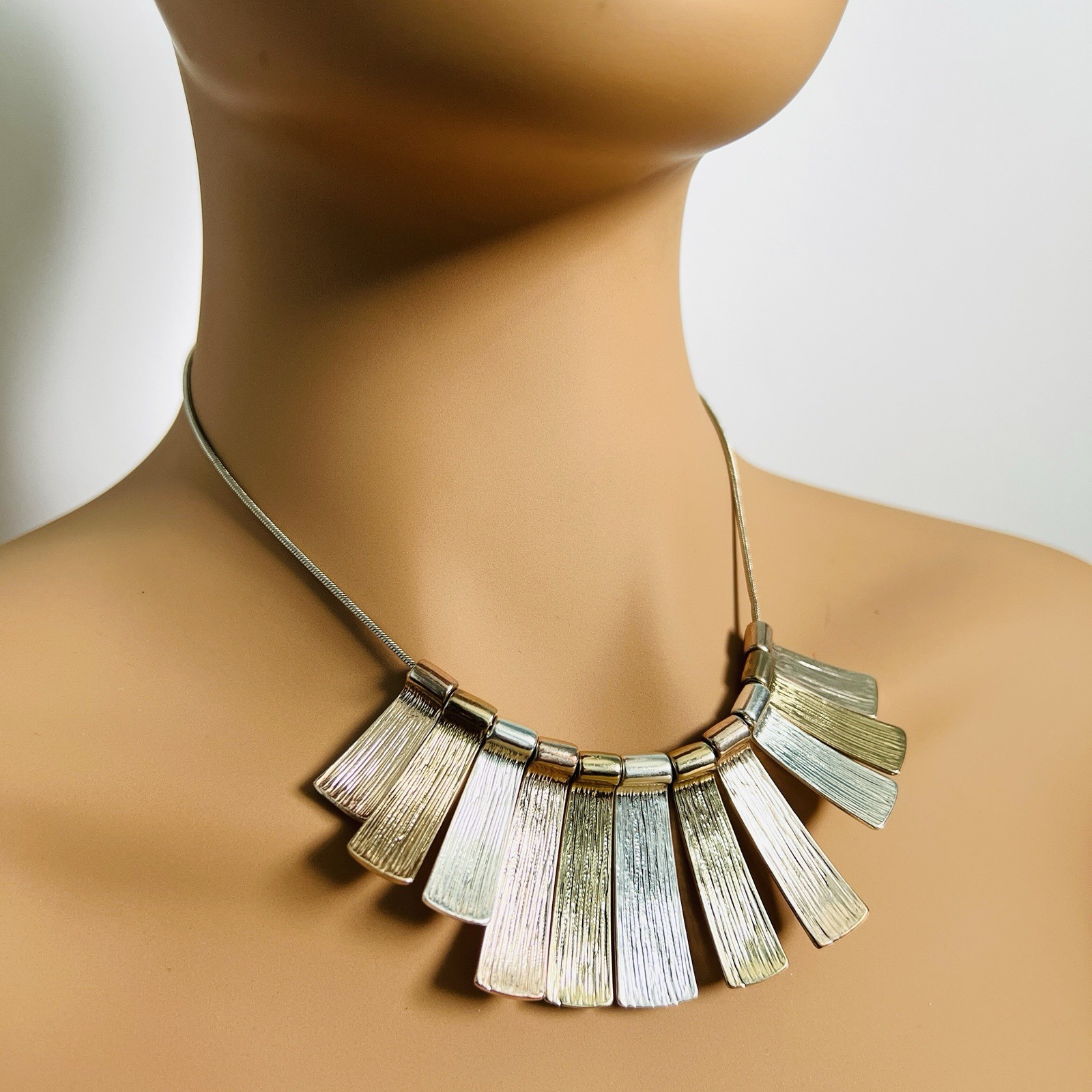 Blush & Shine Fan Necklace, Hand-Tampered Pink, Gold and Silver Metal