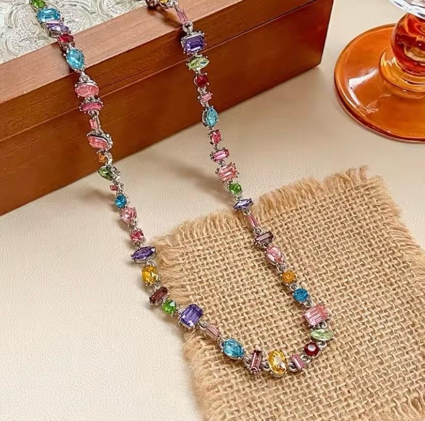 “Rainbow Crystal Necklace Bracelet Earrings Set Silver-Tone Statement Jewelry”