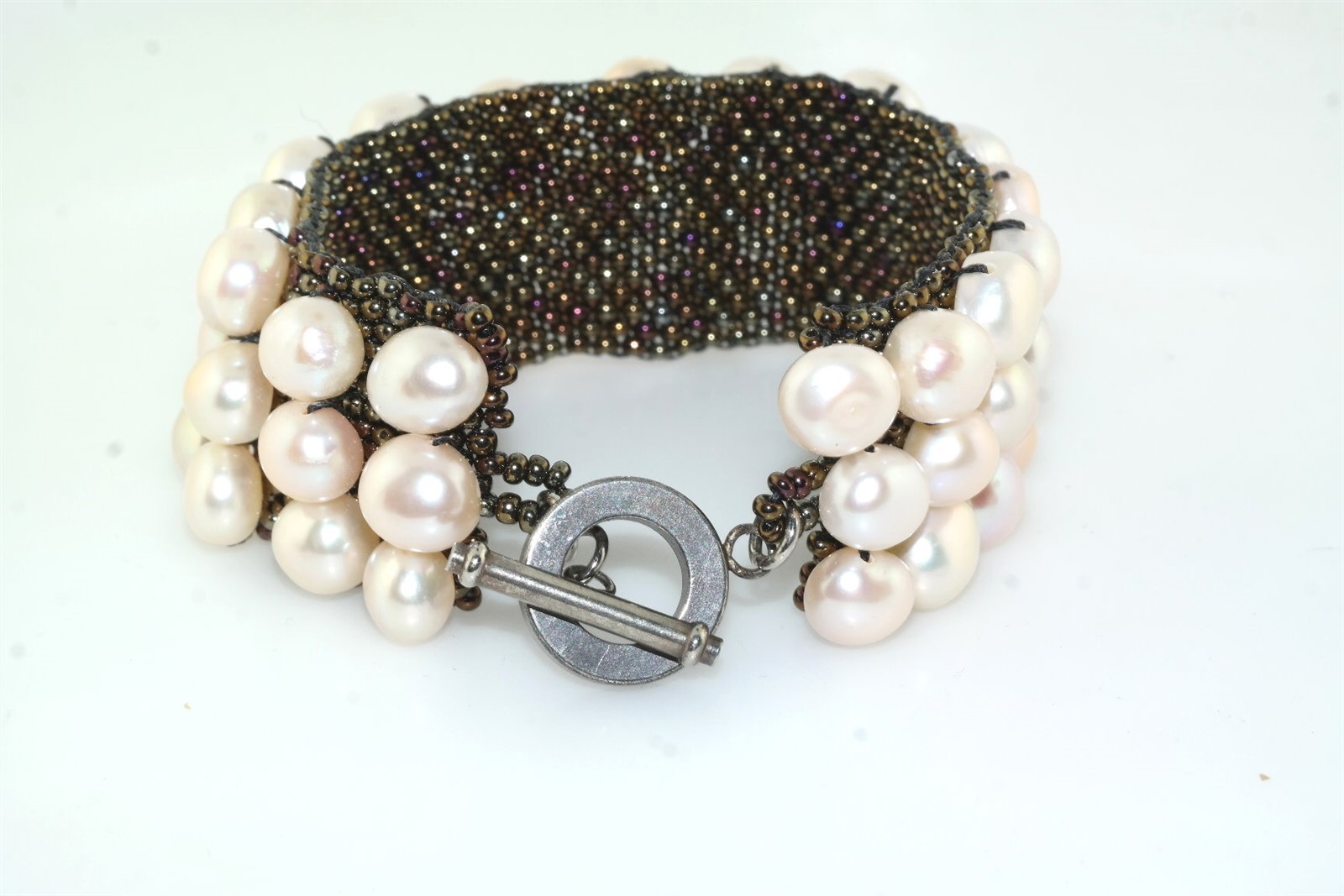 Woven Mesh Micro Bead Cultured Pearl Bracelet Toggle Clasp