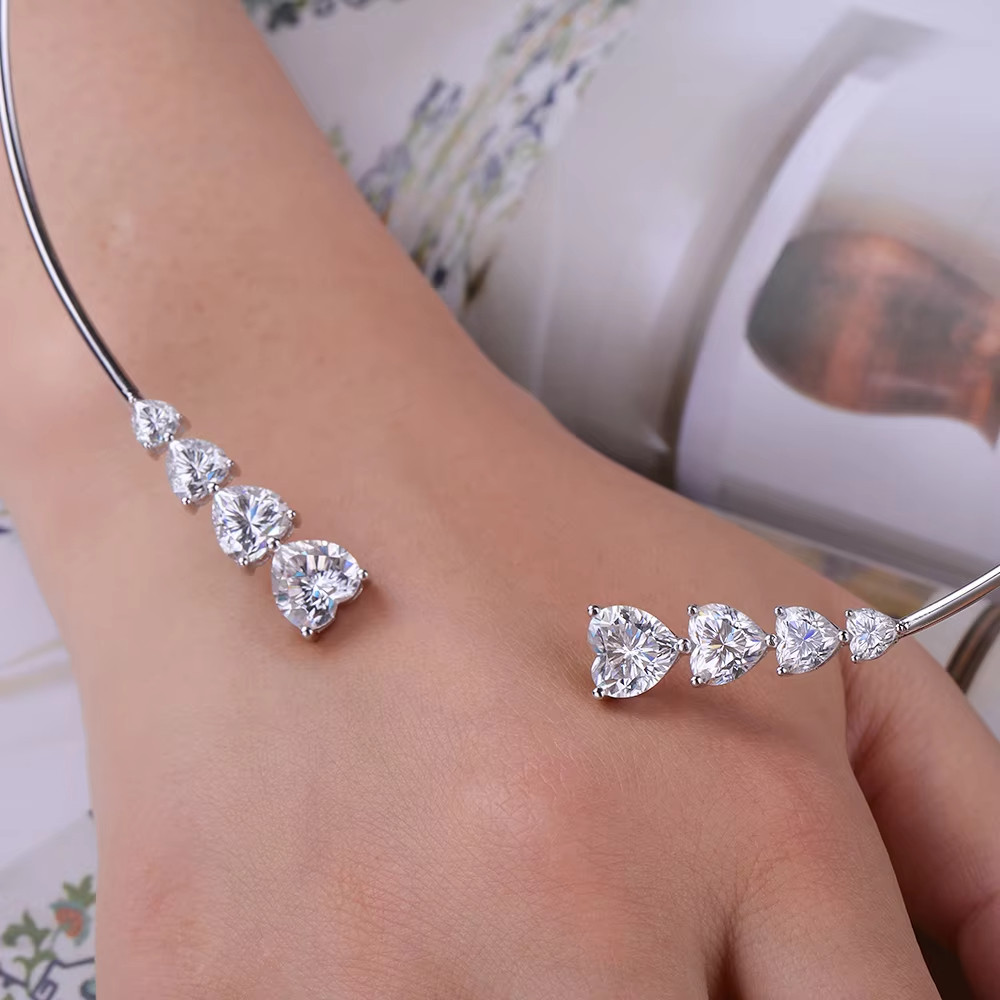 13CTW Heart Cut Real Moissanite 925 Sterling Silver Necklace Open Choker Collar