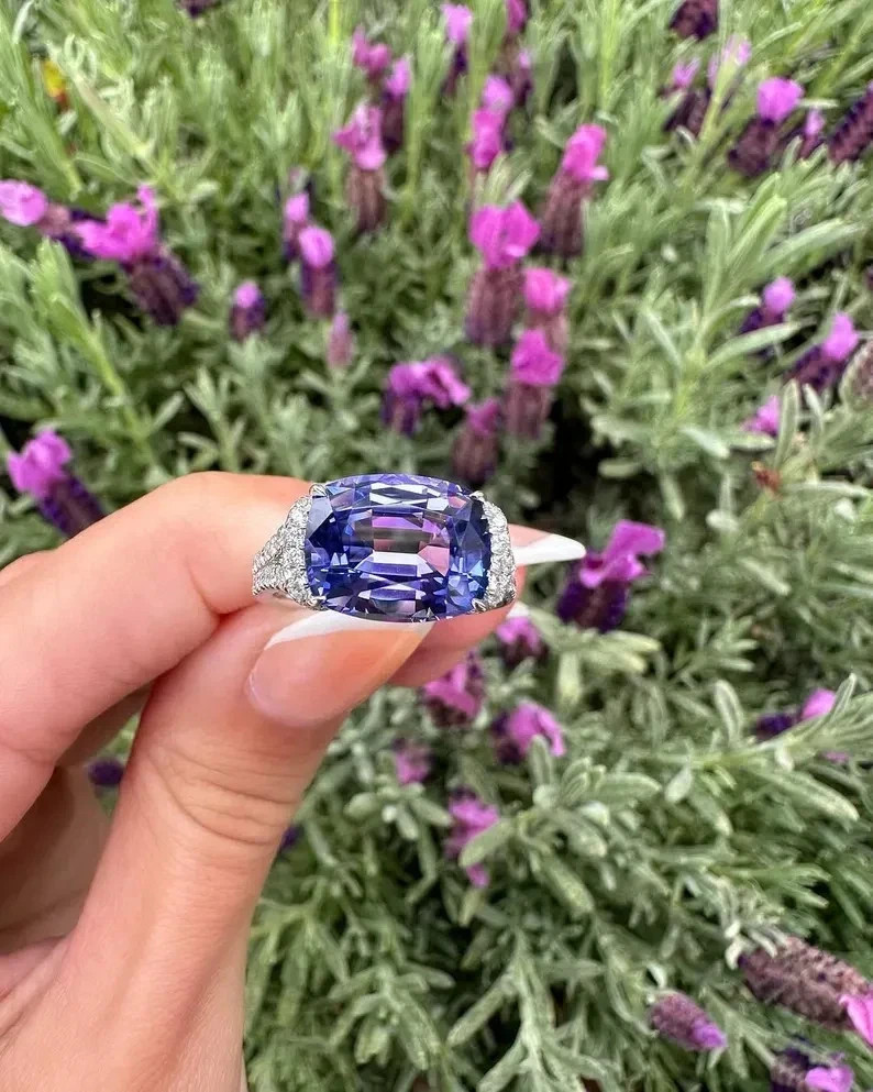 4.80Ct Cushion Cut Natural Tanzanite &Diamond 14K White Gold Luxurious Ring