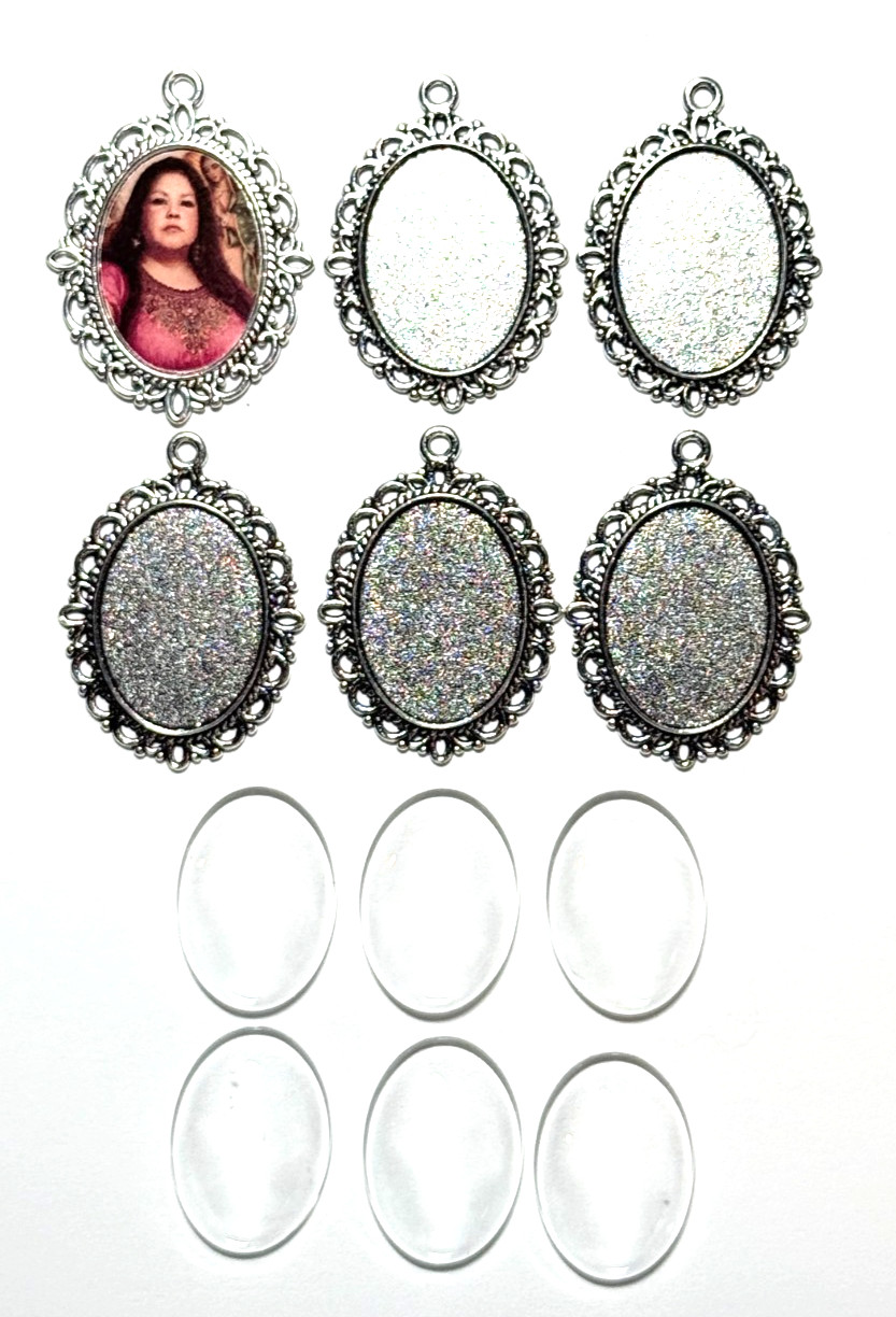 6 Oval Bezel Pendant Tray Photo Charms + 6 Clear Cabochon 25x18mm Antique Silver