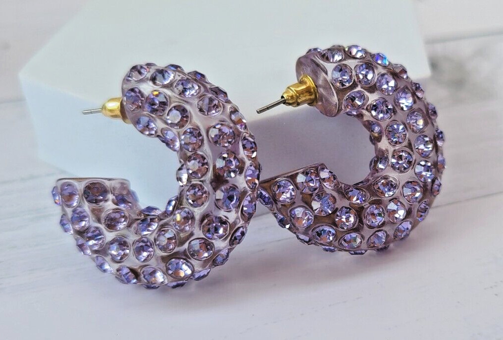 Lavander Boho Statement Chunky Lucite Translucent Rhinestone Paved Hoop Earrings