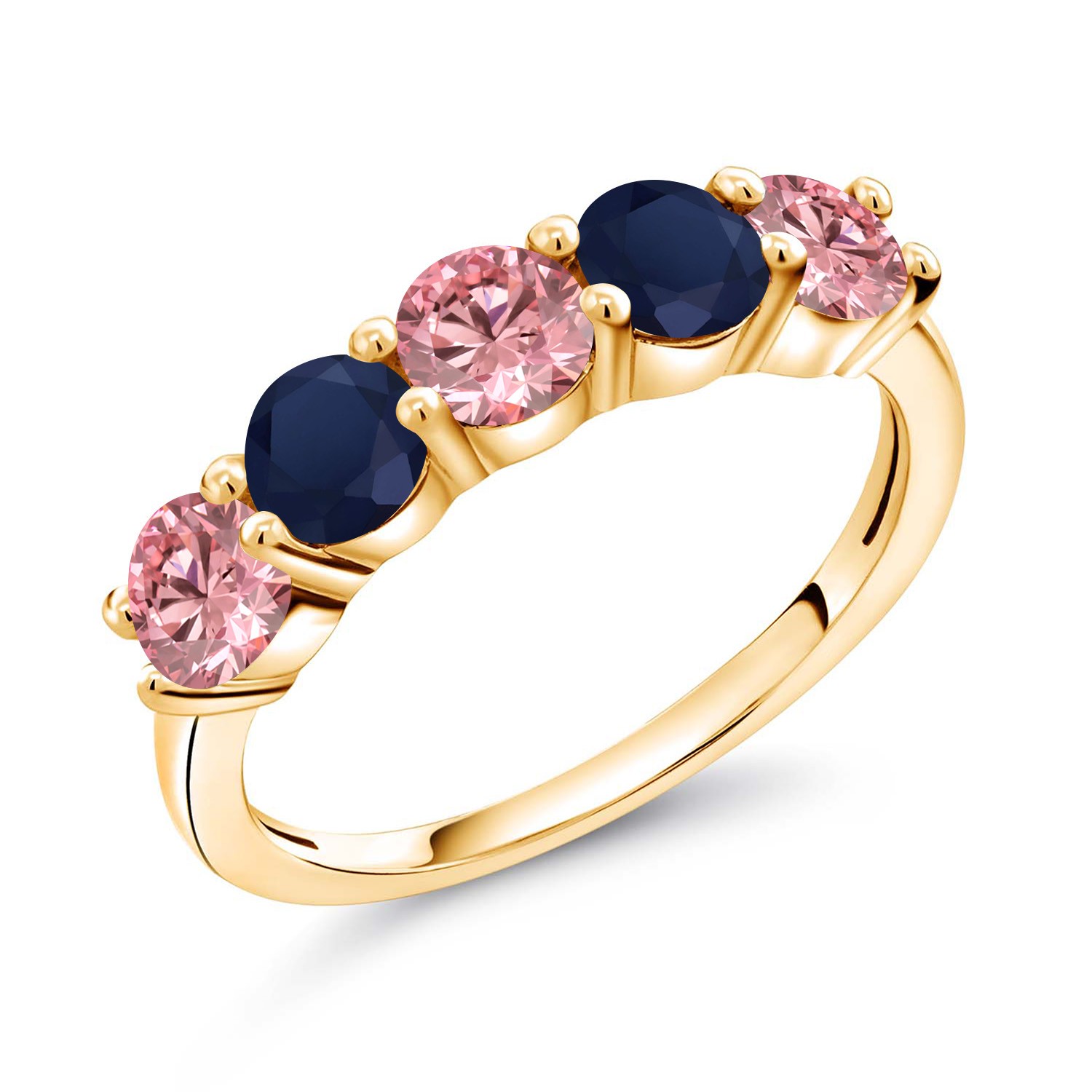 18K Yellow Gold Plated Silver Pink Lab Grown Diamond and Sapphire Wedding-Bands