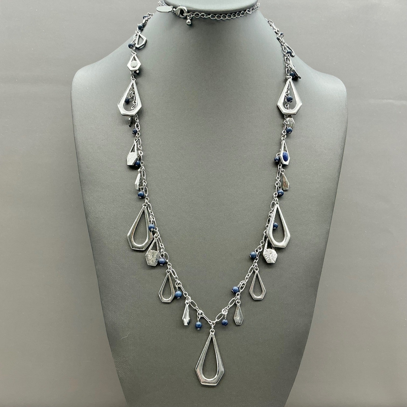 White House Black Market Necklace Silver Tone Blue Bead Charm Dangle Station 36″