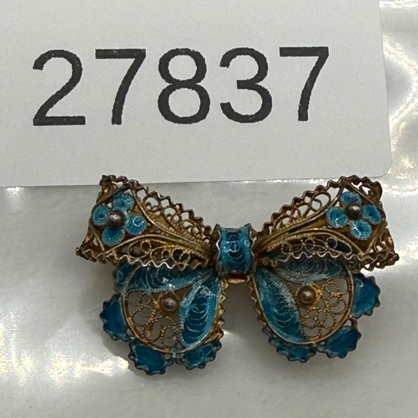 Vintage Chinese Export Brooch Bow 800 Silver Enamel Blue