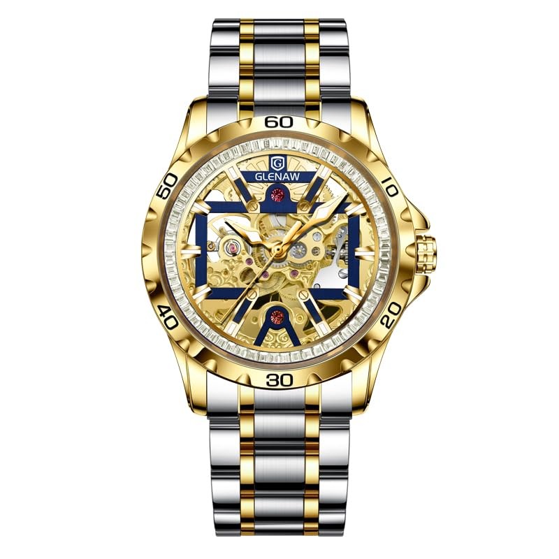 Automatic Watches for Men-Rhinestone Ring Open Dial, Skeleton Mechanical Self…