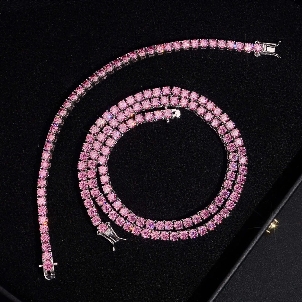 4-6.5mm Pink Full Moissanite Tennis Bracelets Chain S925 Silver Hippop Jewelry