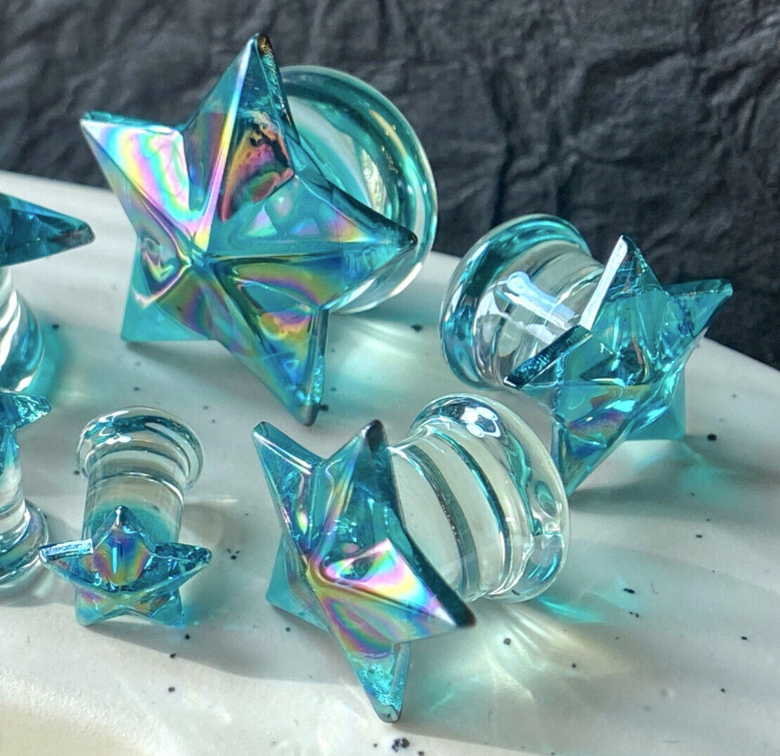 PAIR Glass Plugs Aqua Star Double Flare Gauges Tunnels Piercing Body Jewelry