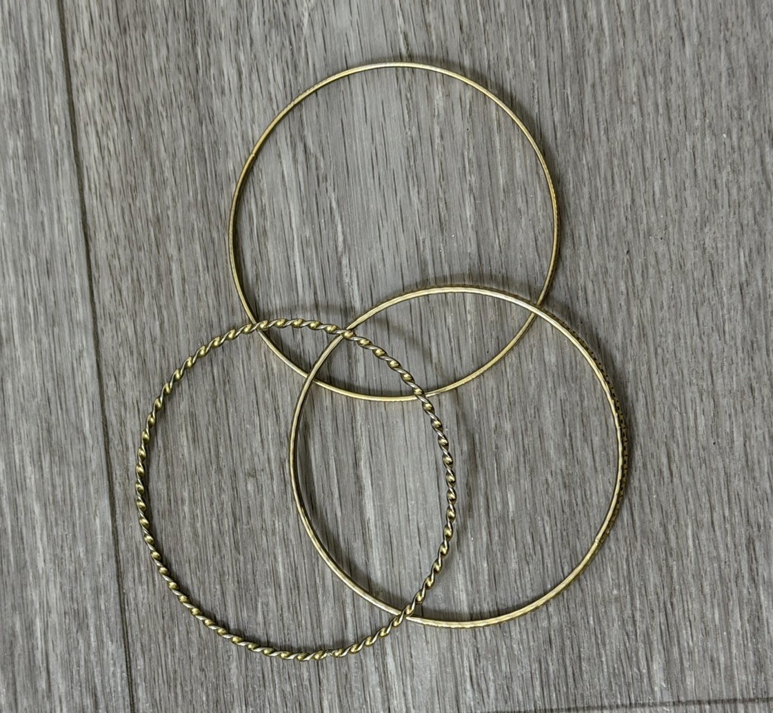 Set of 3 Gold Tone Stackable Bangle Bracelets, No Clasp, Metal, 2.75” Diameter