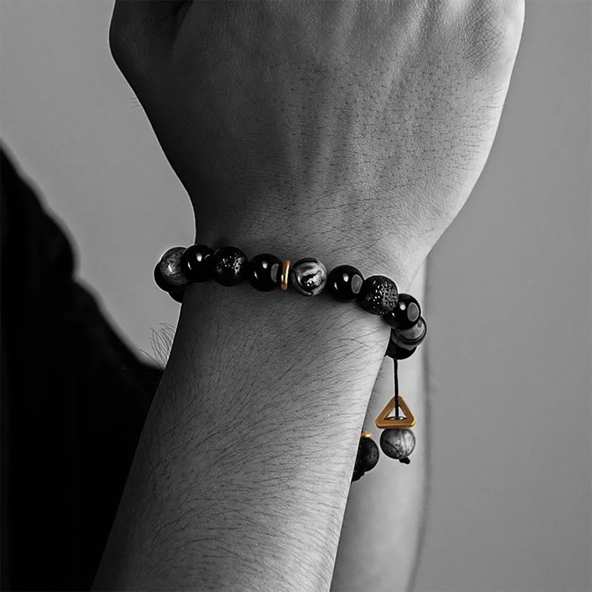 Black Obsidian Lava Rock Bracelet Stone Mindfulness Strength Beads Gift for Men