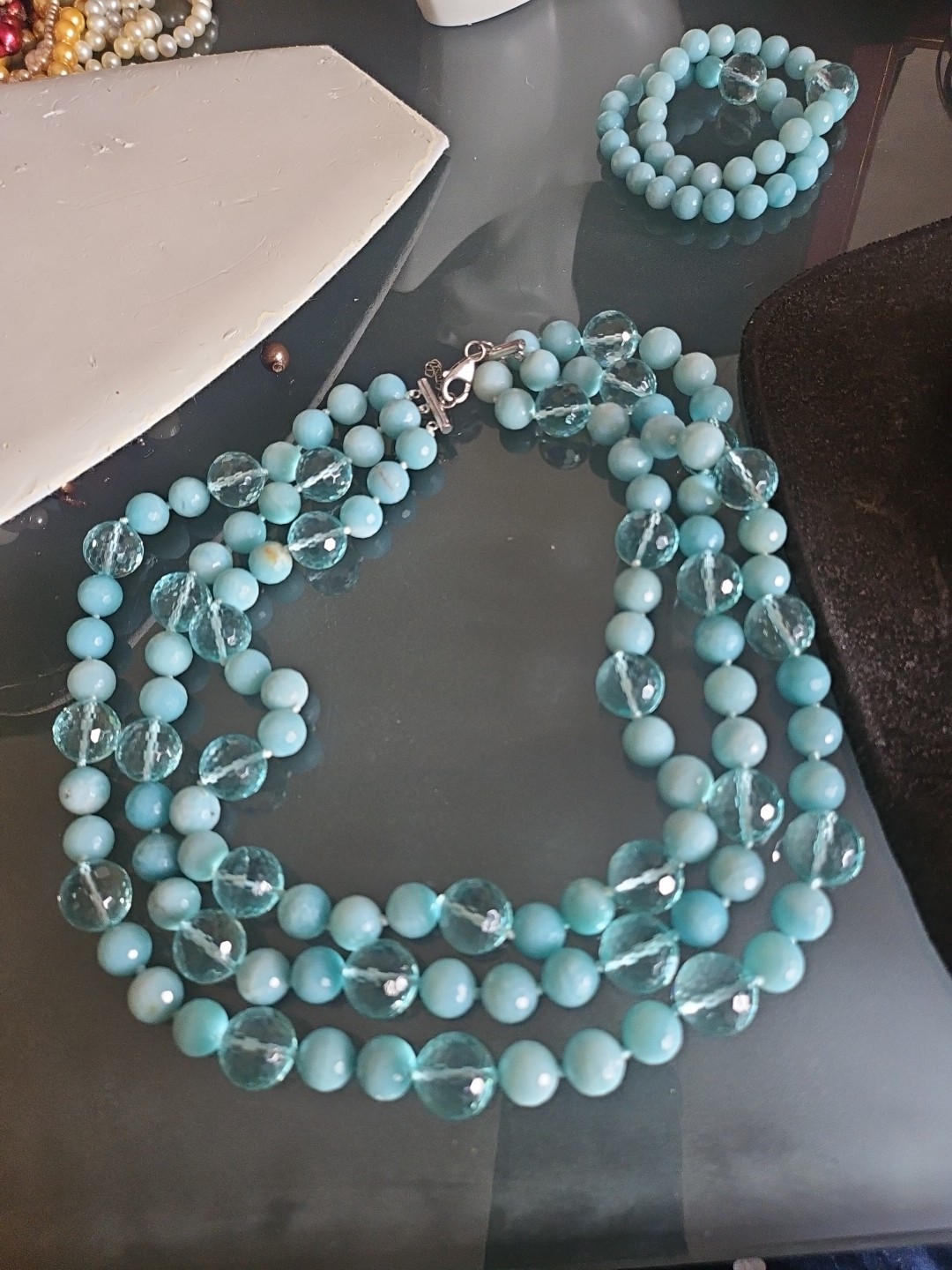 LP Genuine Stones Amazonite Bids & Blue Topaz 3 Strands Silver 925 Necklace 22″
