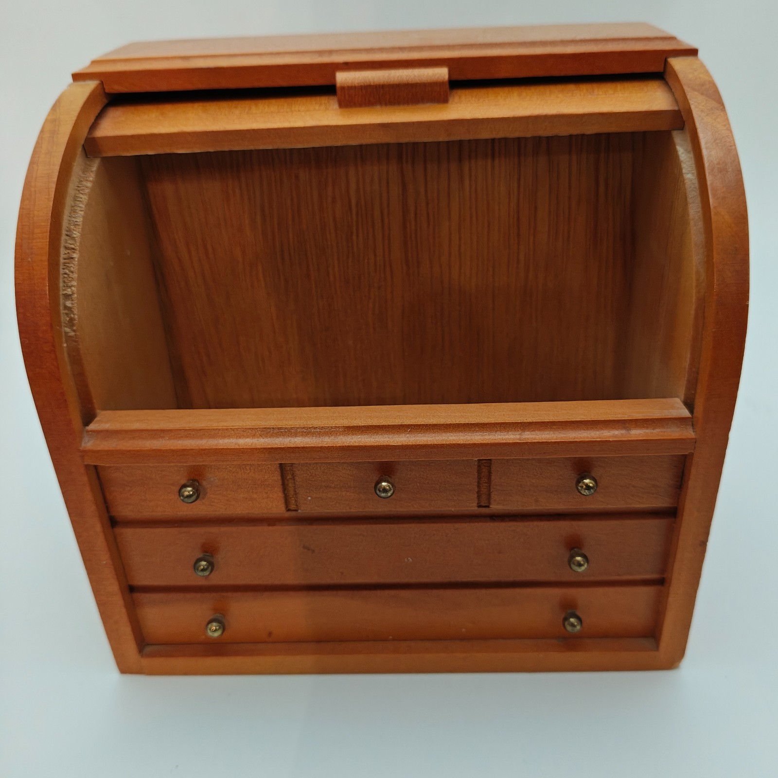 Vintage Wooden Roll Top Jewelry Box Mini Desk Organizer Drawers Made in Taiwan