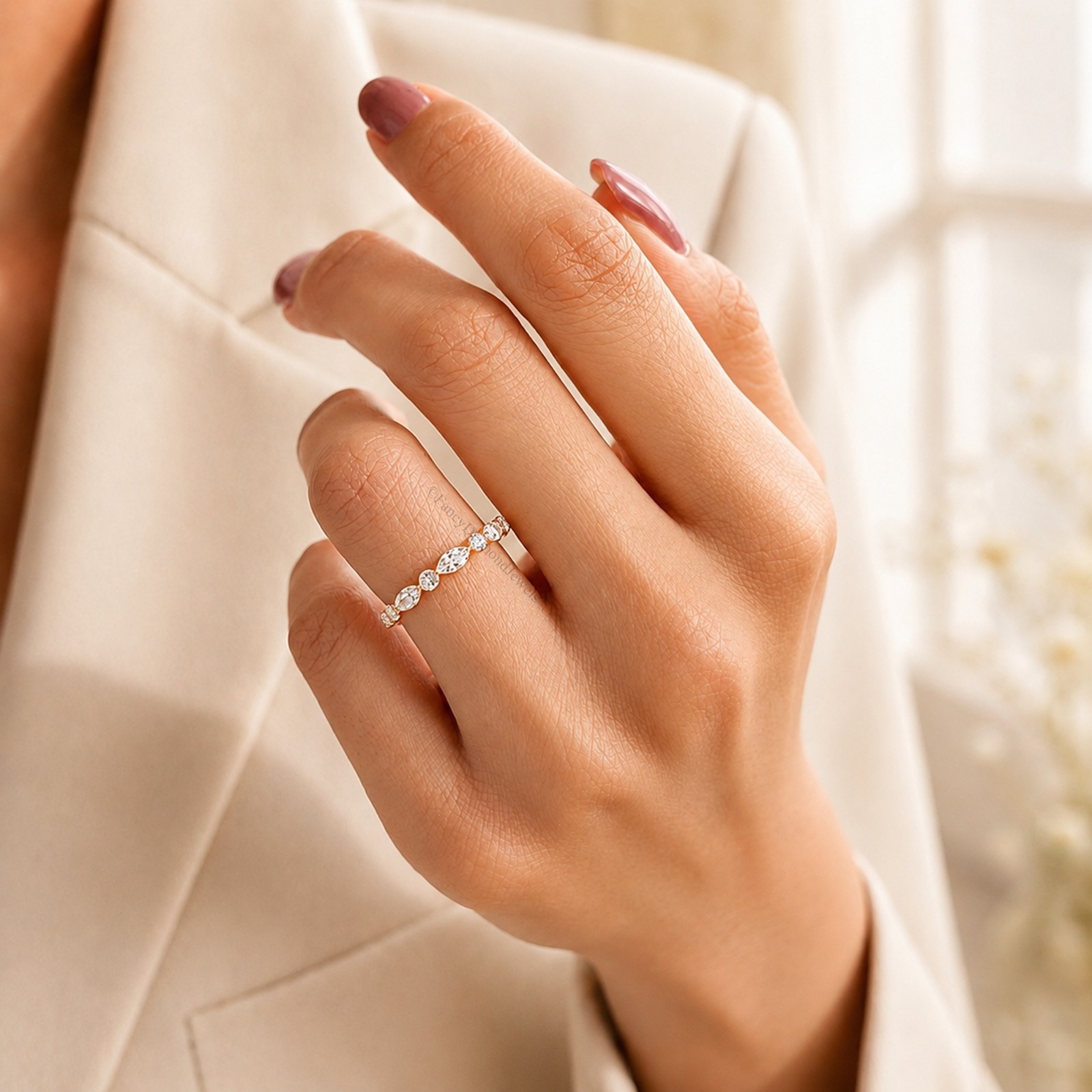 Alternating Marquise and Round Diamond Cut Dainty Stackable Eternity Ring FD586