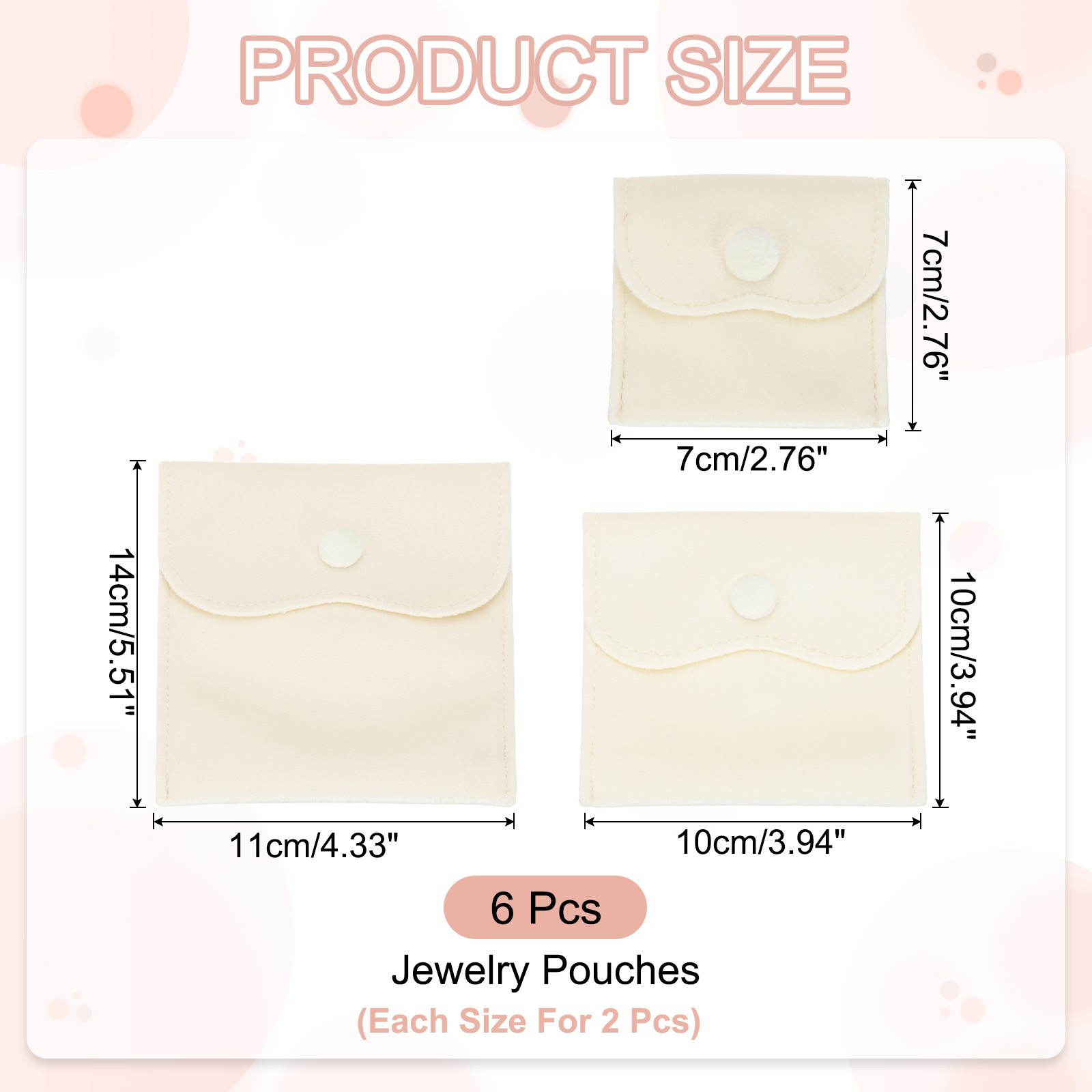 6 Pcs Velvet Jewelry Pouches Gift Bag with Snap Button (3″x3″/4″x4″/4″x5″) White
