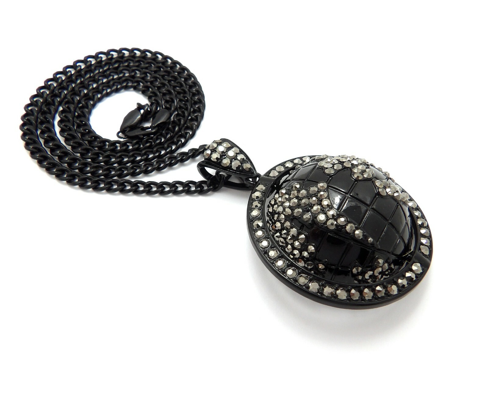 HIP HOP ICED JET BLACK WORLD GLOBE PENDANT & 5mm 24″ CUBAN CHAIN BLING NECKLACE