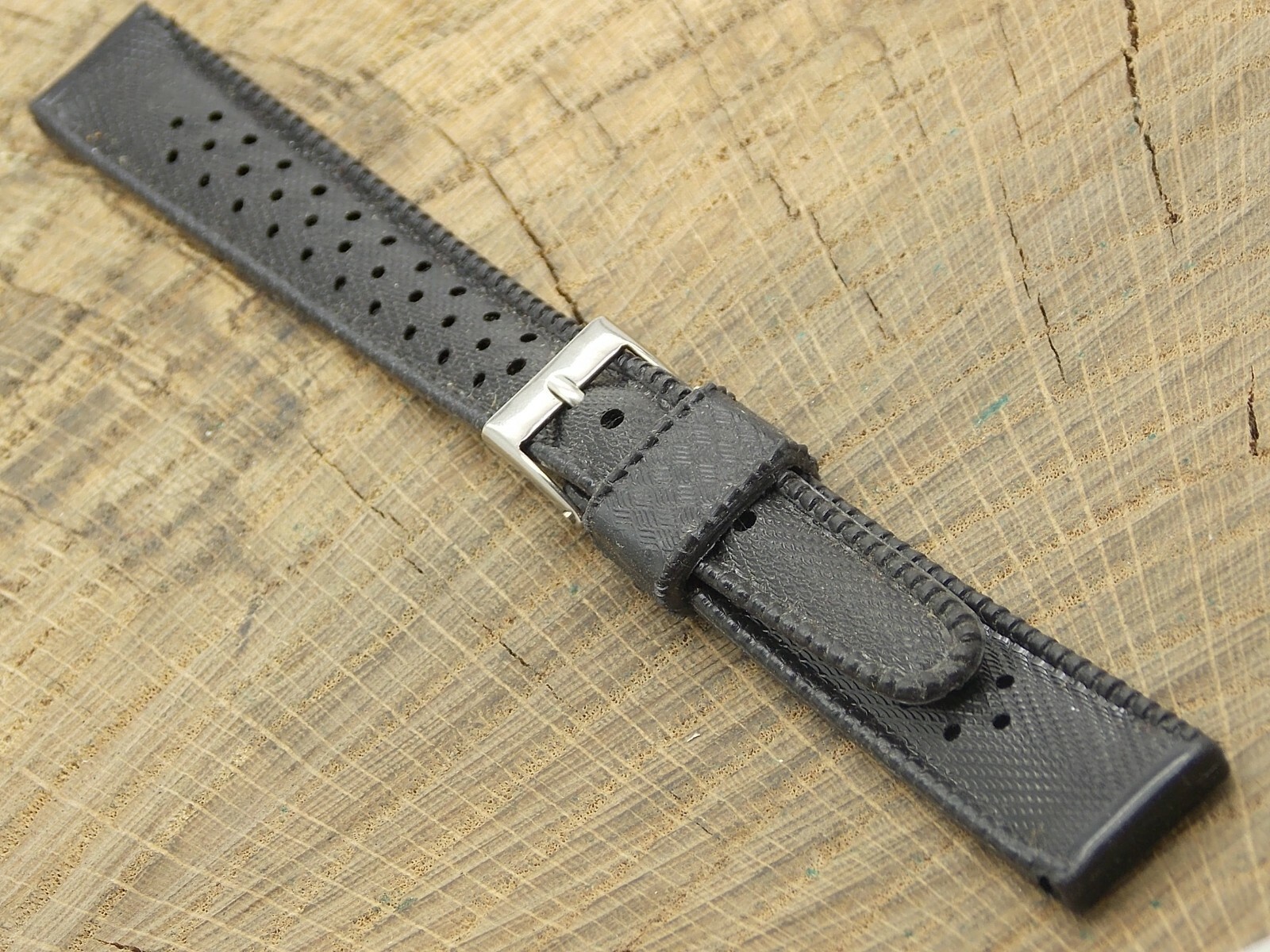 SUB NOS Vintage Unused Black Rubber Watch Band w Silver Tone Buckle 16mm Italian