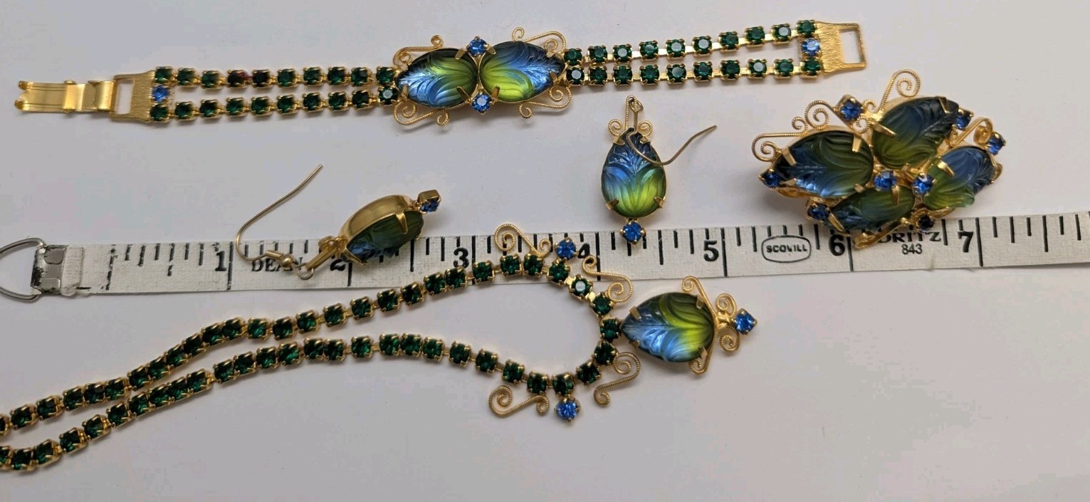 Vtg Juliana Style Molded Green Blue Givre Glass Rhinestone Costume Jewelry Set