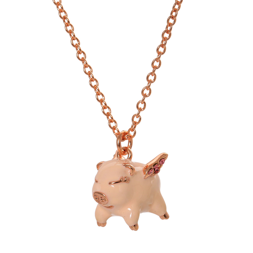 Cute Pink Enamel Flying Pig Short Necklace Crystal Wing Rose Gold Women Jewelry