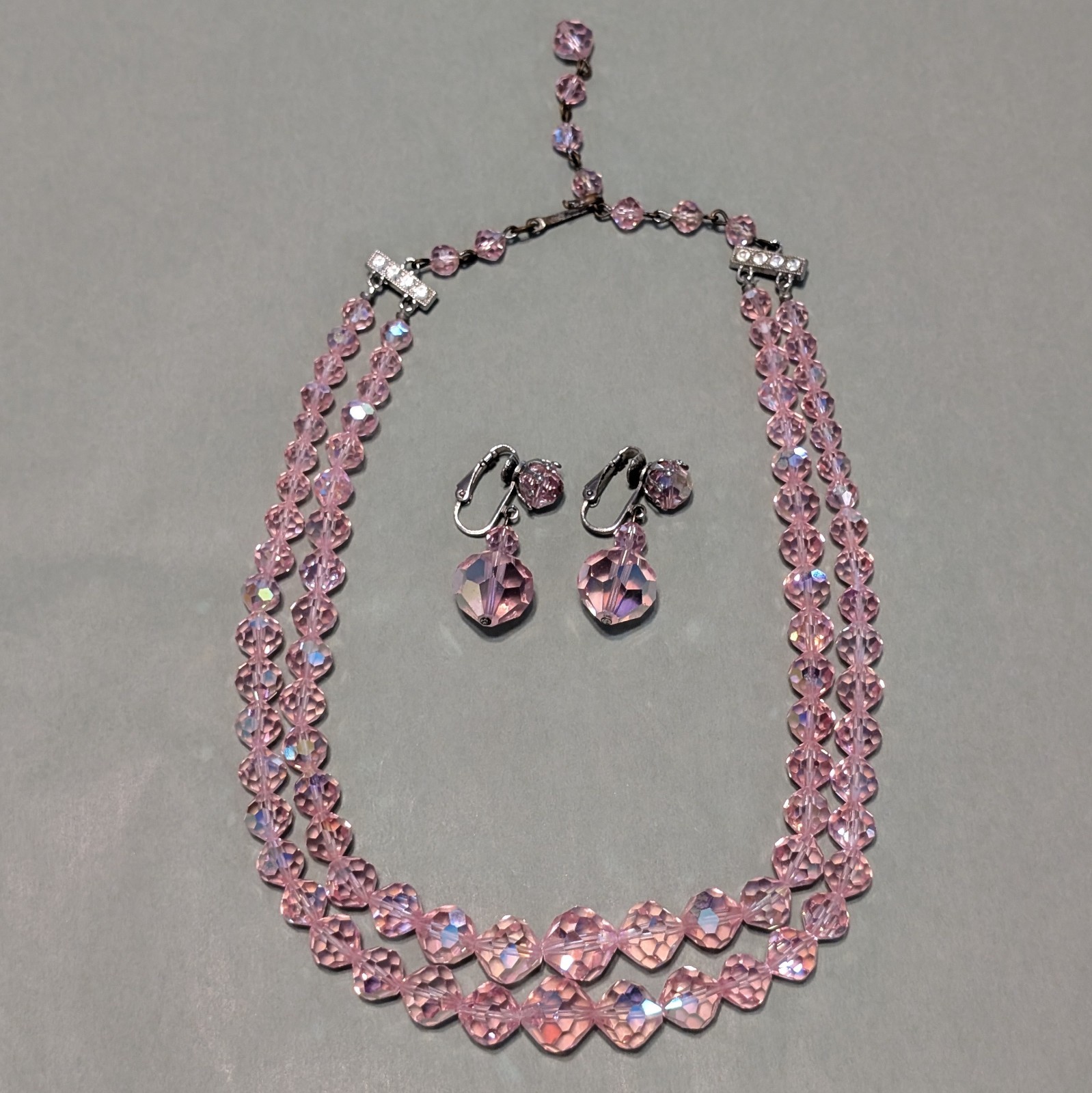 Vtg Signed Laguna Aurora Borealis Pink Crystal Bead Necklace Clip Earrings Set