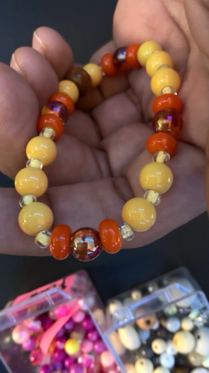Handmade Yellow/Orange/Brown Glass & Plastic Beaded Bracelet #093
