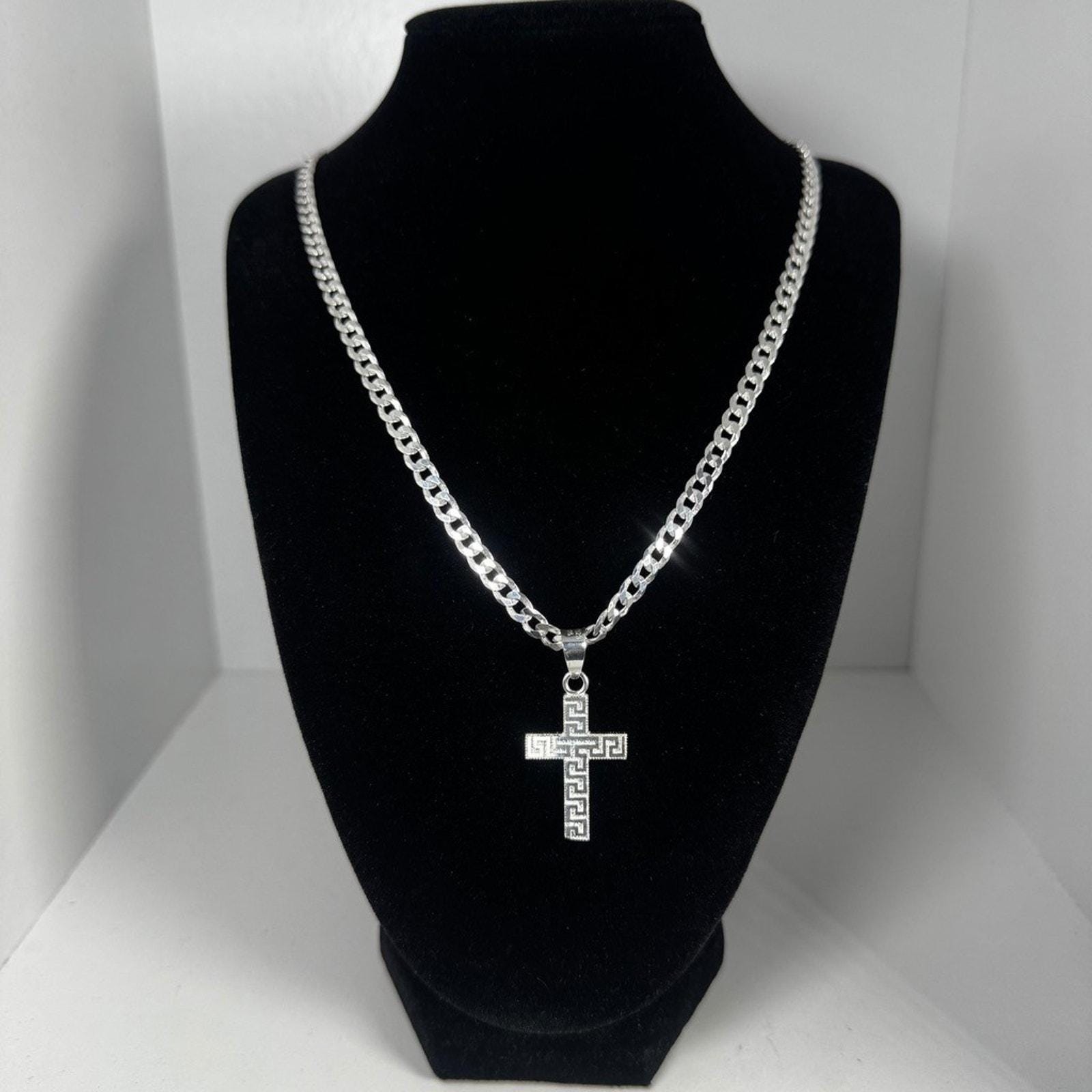 Sterling Silver Greek Key Cross Pendant Necklace 925 Italy Curb Chain 24 Inch