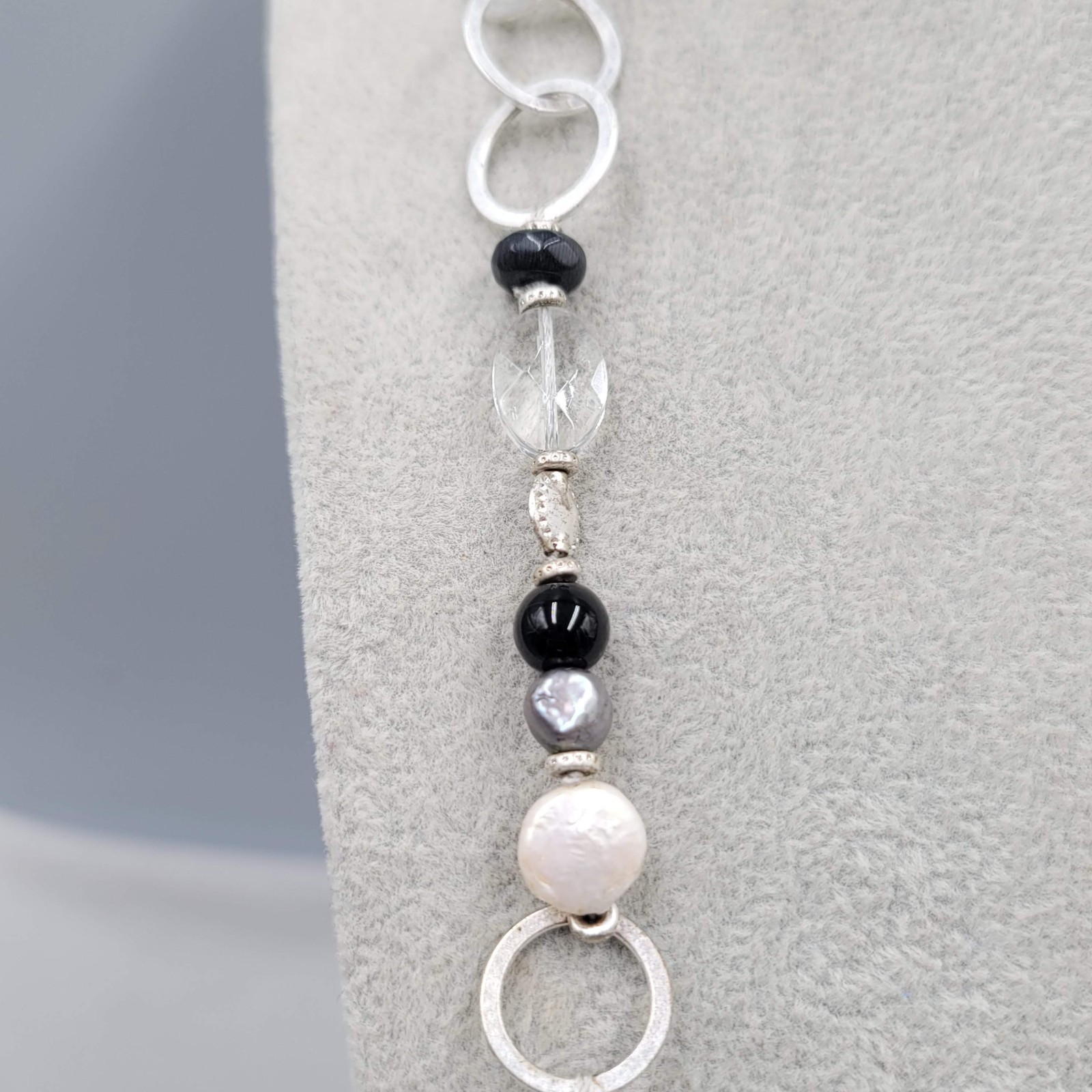 Black Gray White Beaded Necklace Silver tone Links Long 30 in