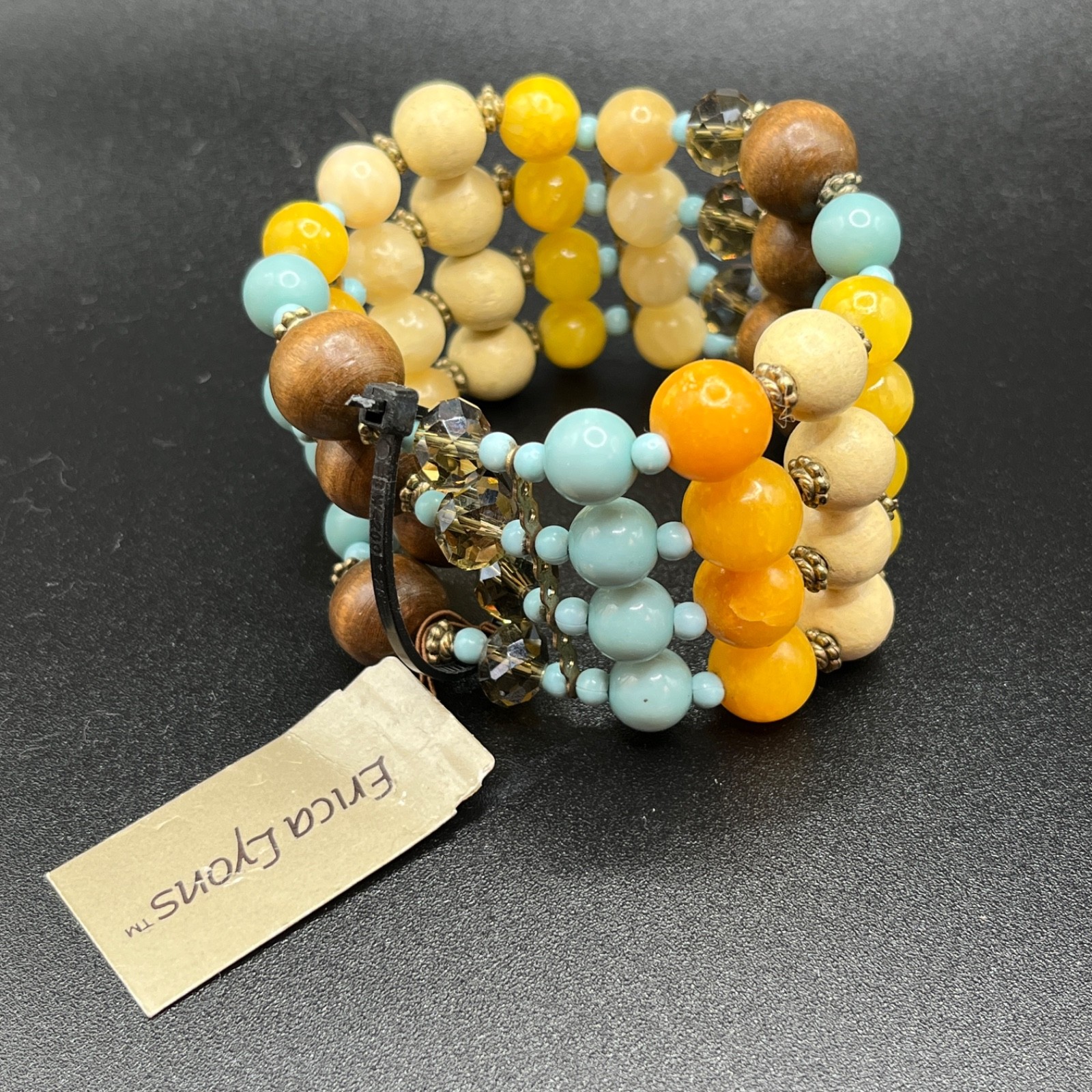 Erica Lyons Stretch Blue Brown Green Yellow Mixed Materials Beads NWT Boho