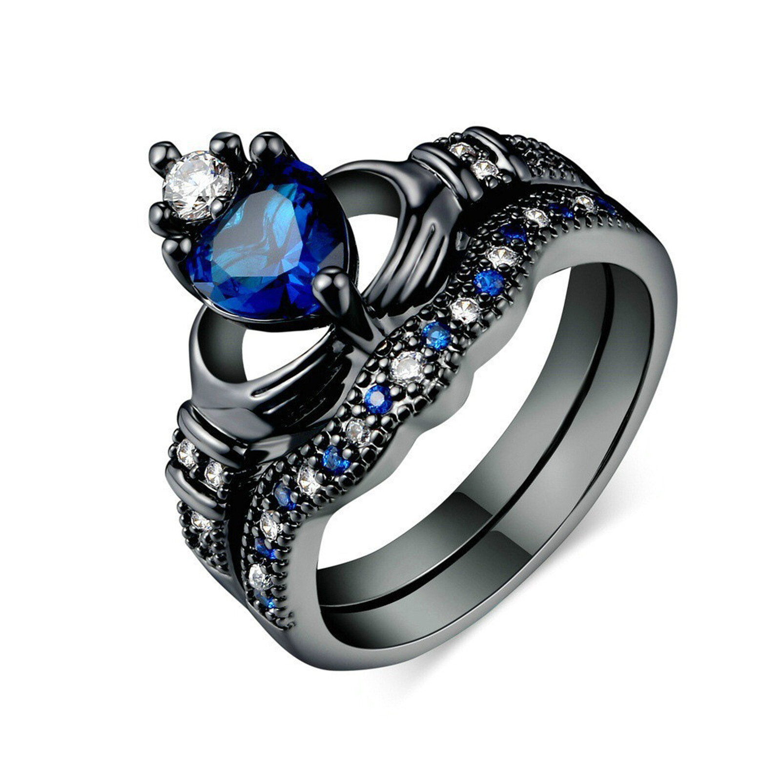 2Pcs His Hers Matching Blue CZ Crown Wedding Rings Stainless Steel Promise Bands