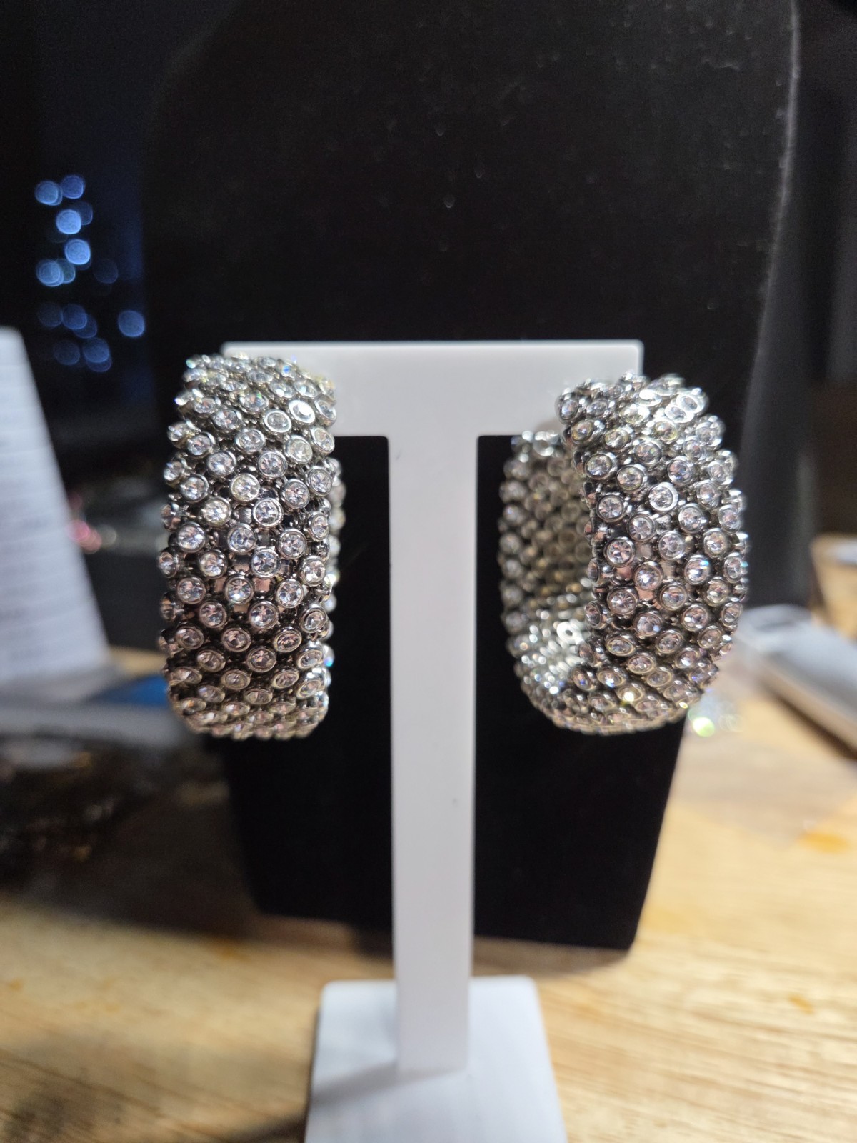 Silver Tone Clear Rhinestone Wide Hoop Earrings 2″ Sparkly Latch Back