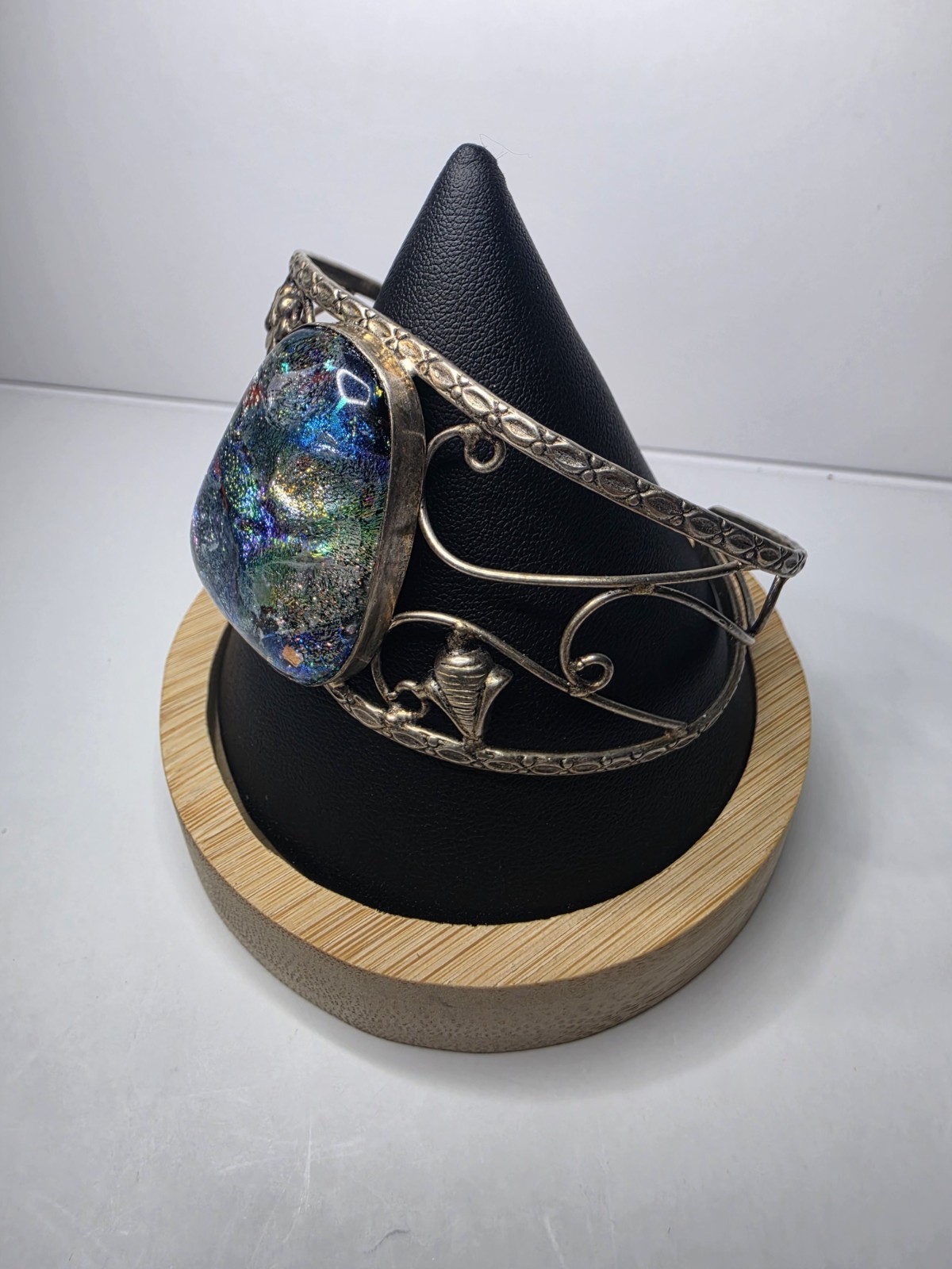925 Stamp Dichroic Art Glass Cuff Bracelet Artisan Wire Wrap