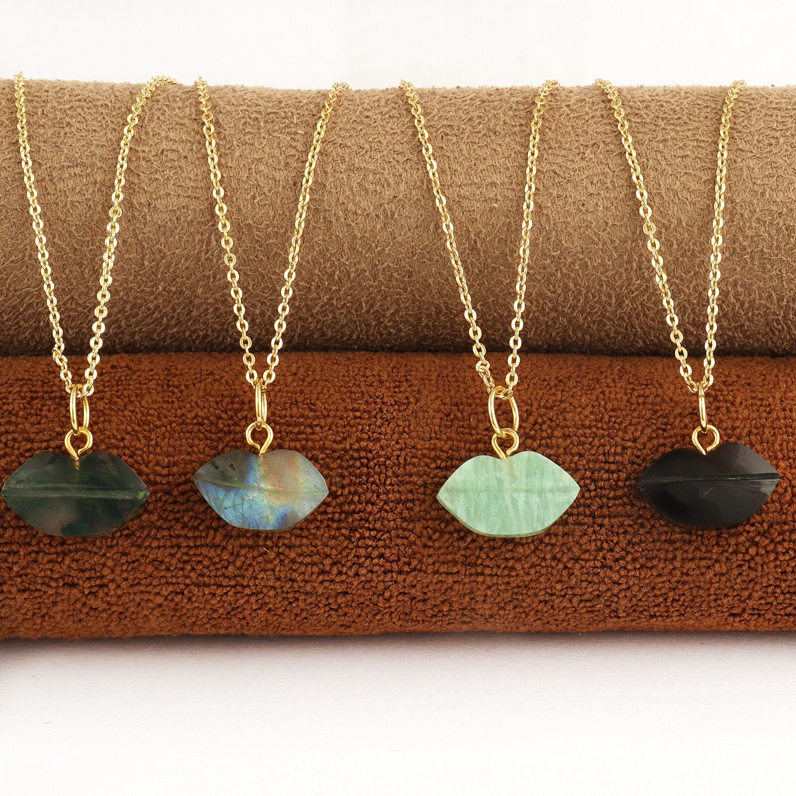 Carved Gemstone Pendant Gold Plated Lips Shape Necklace Jewelry Gift For Her