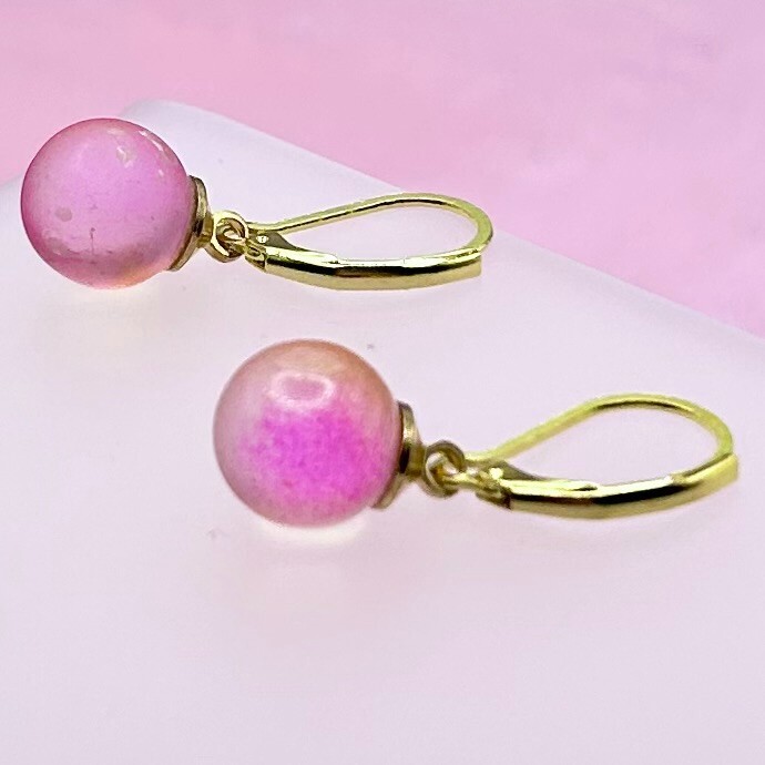 Golden Dot Frosted Globe Pendant Earrings (Mini/Dark Pink) New Handmade